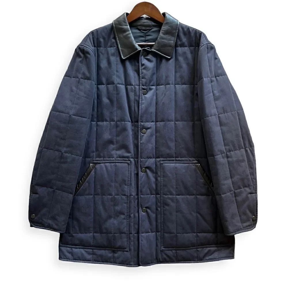 SALVATORE FERRAGAMO Navy Quilted Jacket Coat, Black Leather Collar